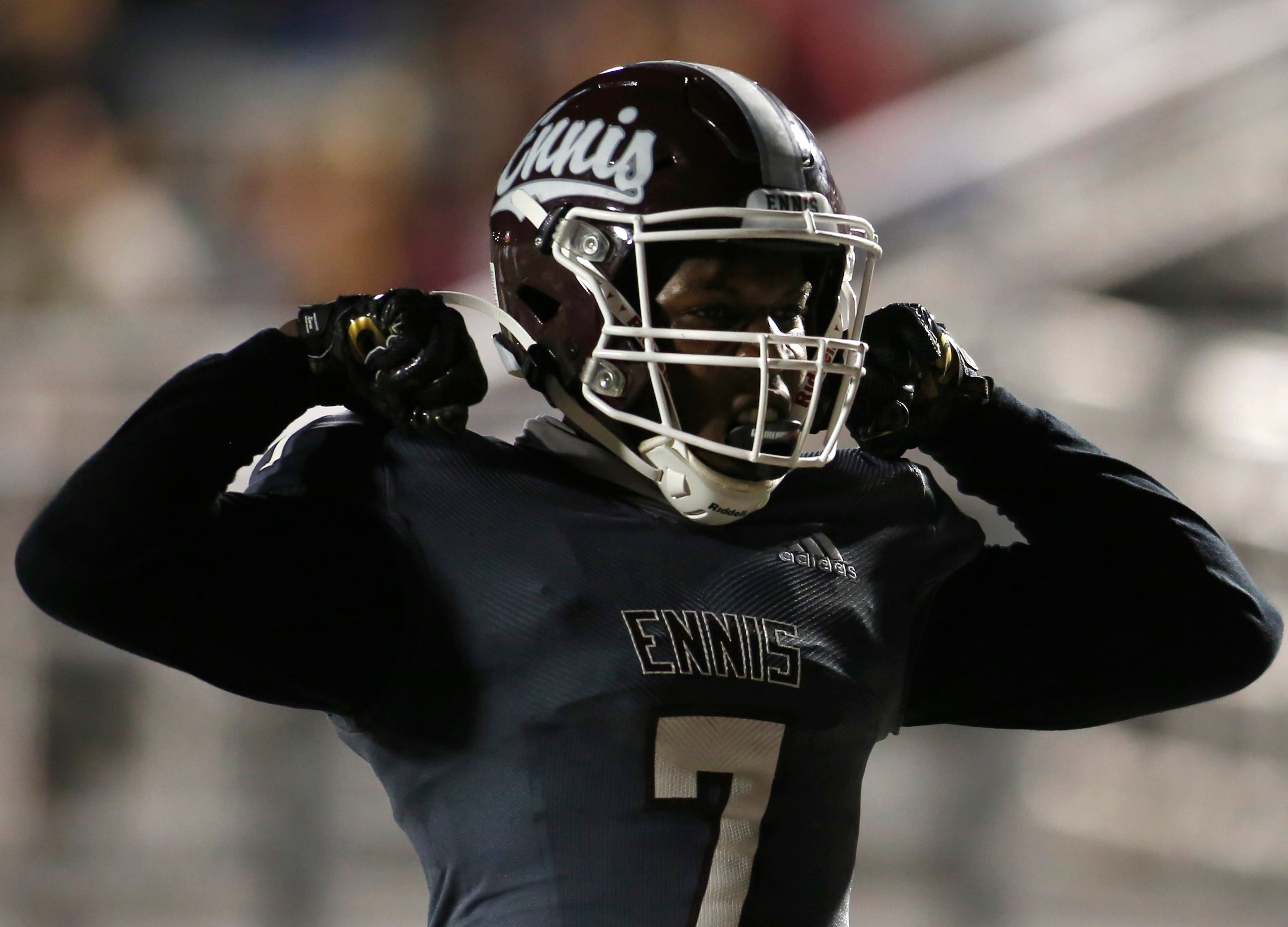 Ennis receiver Laylon Spencer (7) celebrates after pulling in a second quarter receiving...