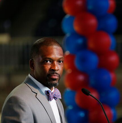 Travis Mays speaks while being introduced as head coach of the women's basketball team at...