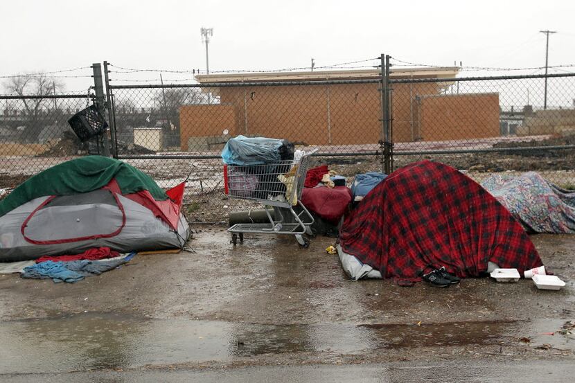 A row of tents inhabited by homeless along Jeffries Street in Dallas. 