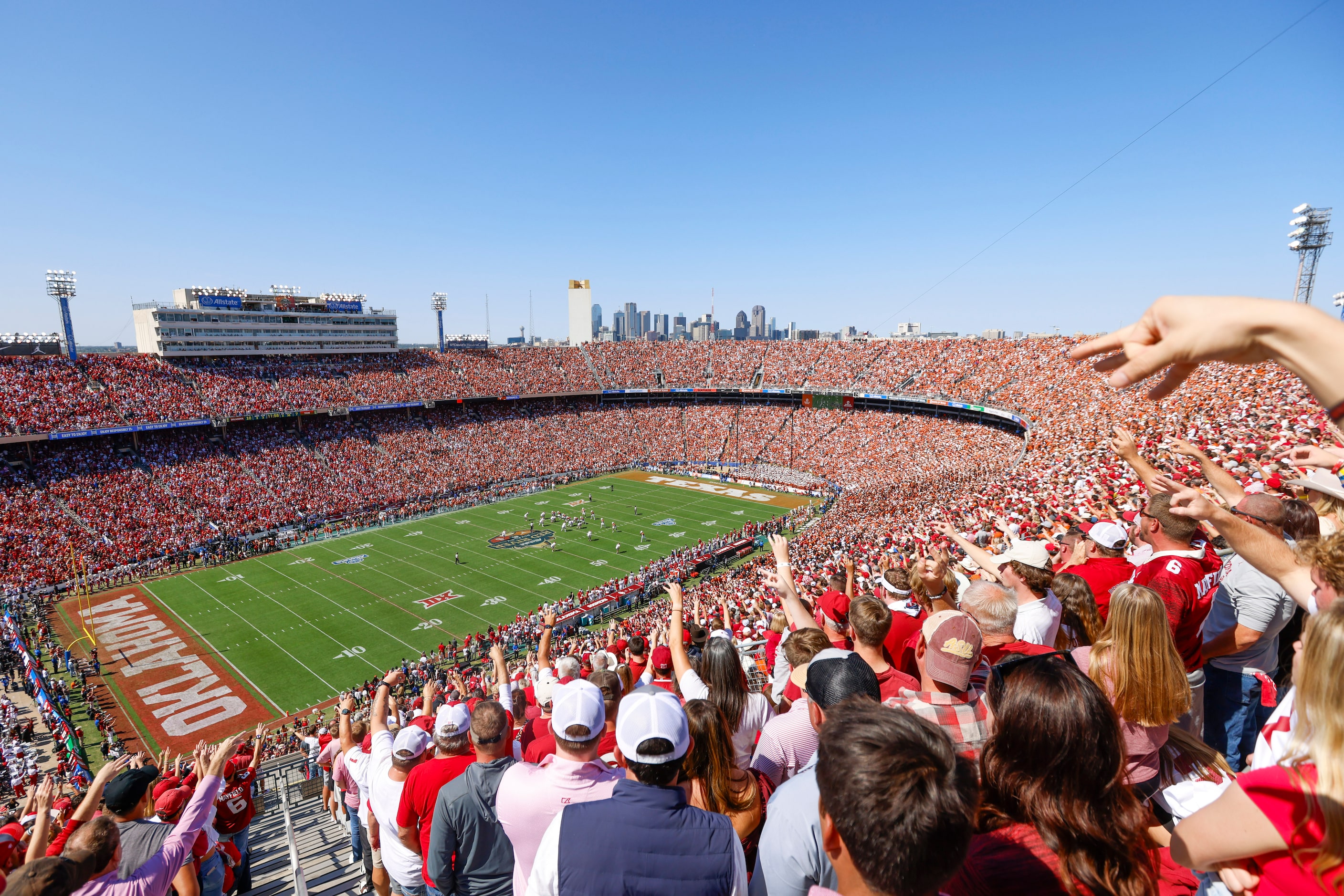 Oklahoma fans cheer during the Red River Rivalry at the Cotton Bowl against Texas, on...