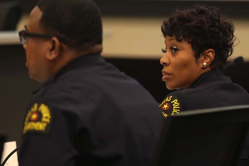 Dallas Police Chief U. Renee Hall listened to Lt. David Davis during a Dallas City Council...