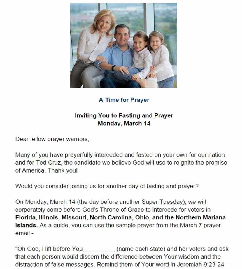  A Cruz campaign email urges prayer and fasting in advance of Tuesday's primaries.