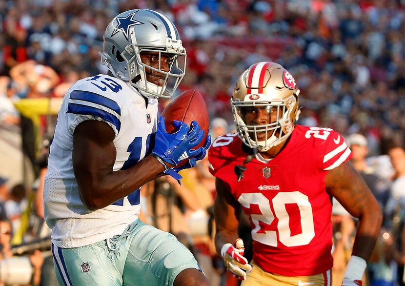 Dallas Cowboys wide receiver Michael Gallup (13) catches a touchdown pass over San Francisco...