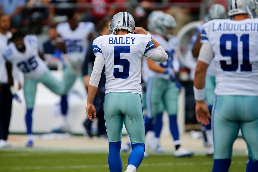 With a bothersome back, Dallas Cowboys kicker Dan Bailey (5) walks off the field after...