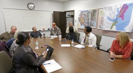  Garland ISD staff members meet at the Padgett Auxiliary Services Center in Garland, Texas,...