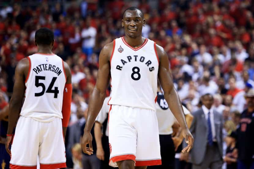 TORONTO, ON - MAY 27:  Bismack Biyombo #8 of the Toronto Raptors reacts after being called...