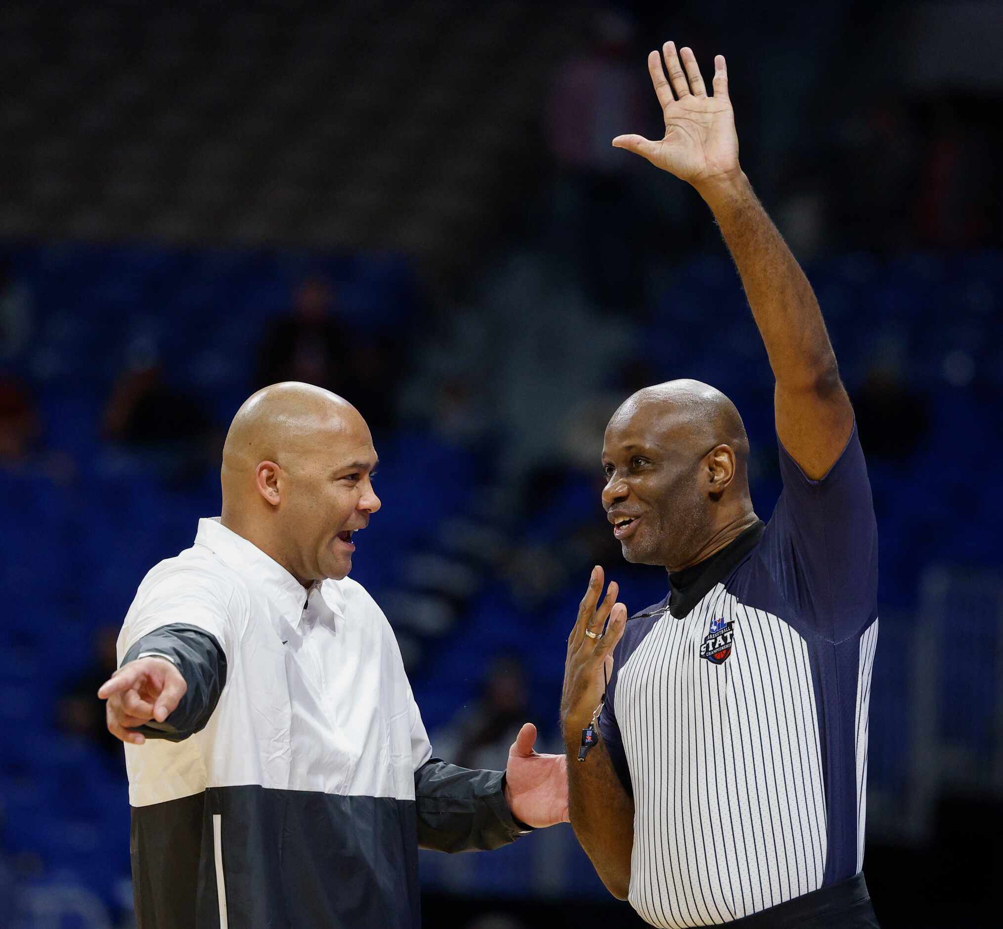 Duncanville head coach David Peavy speaks with a referee during the third quarter of the...
