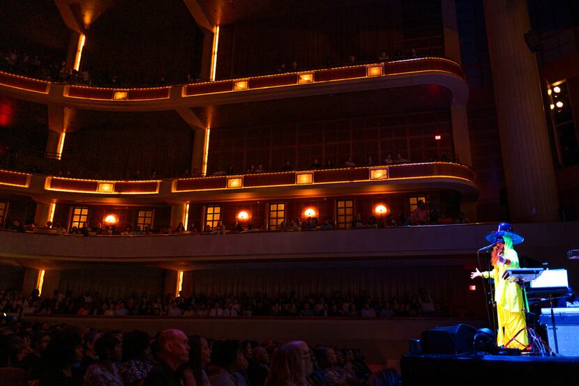 Erykah Badu looks out toward the crowd at the Meyerson Symphony Center on Friday, June 21,...