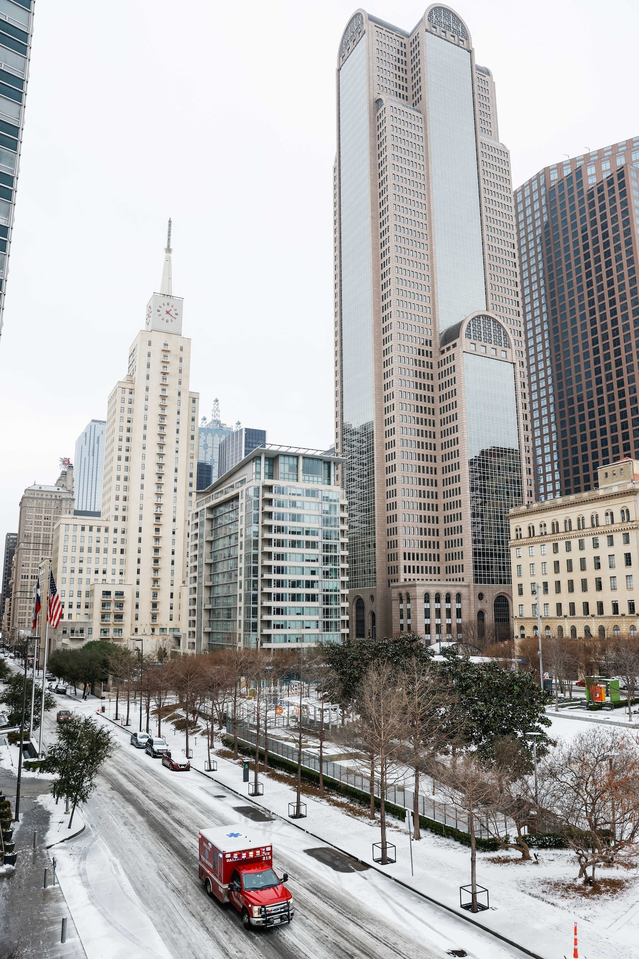 Downtown Dallas covered by sleet on Tuesday, Jan. 31, 2023. Weather conditions are forecast...