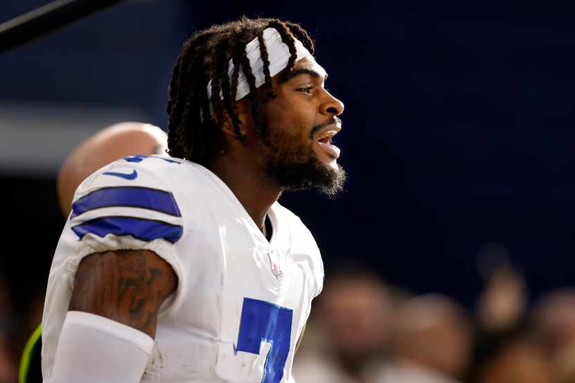 Dallas Cowboys cornerback Trevon Diggs (7) is pictured on the sideline following his third...