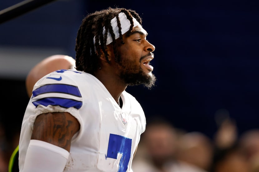 Dallas Cowboys cornerback Trevon Diggs (7) is pictured on the sideline following his third...