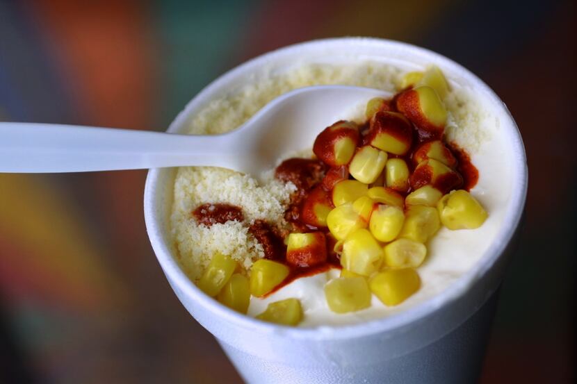 A cup of 'elote' at the Dallas Farmers Market. 