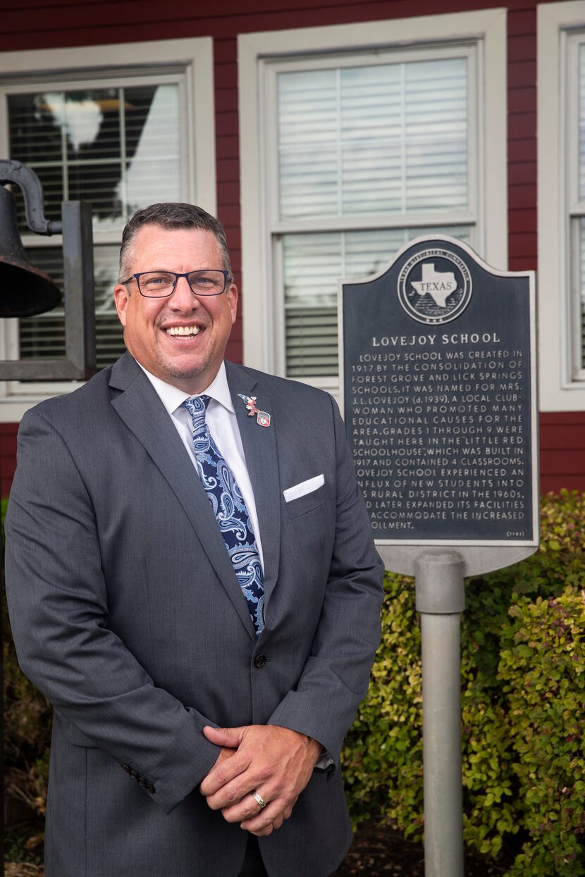 Superintendent Dr. Michael Goddard is shown in front of the Lovejoy ISD Administration...