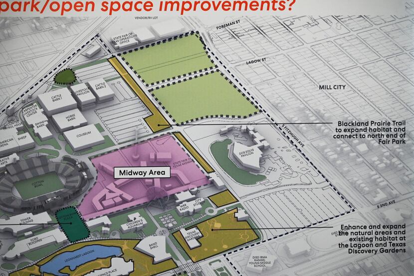 A poster board showing the Fair Park master plan update for their parks and green space...