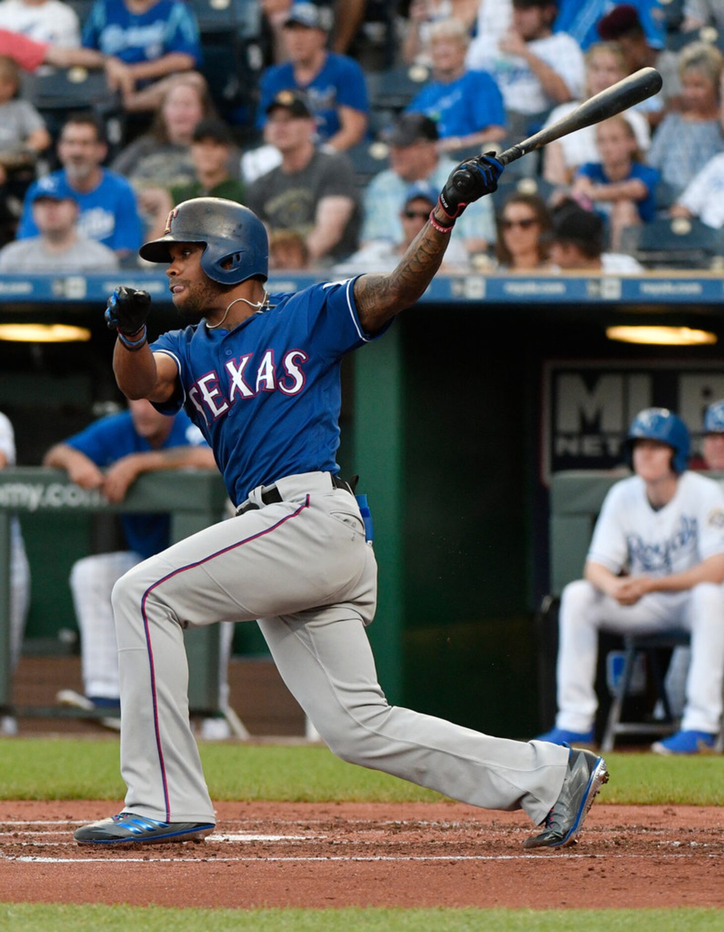 KANSAS CITY, MO - JUNE 19: Delino DeShields #3 of the Texas Rangers hits a two-run double in...