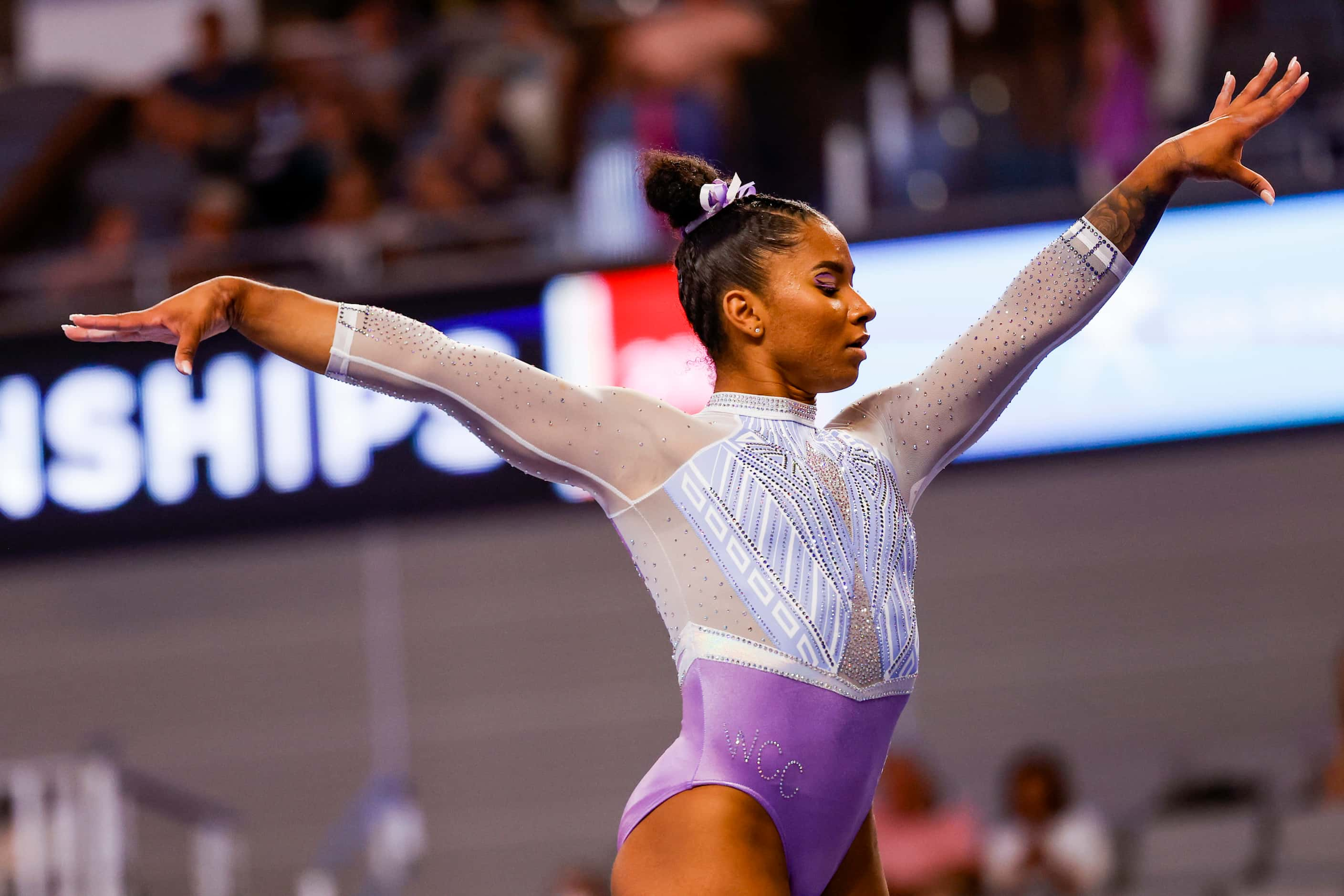 Jordan Chiles performs on the balance beam during day 1 of the senior women's US gymnastics...