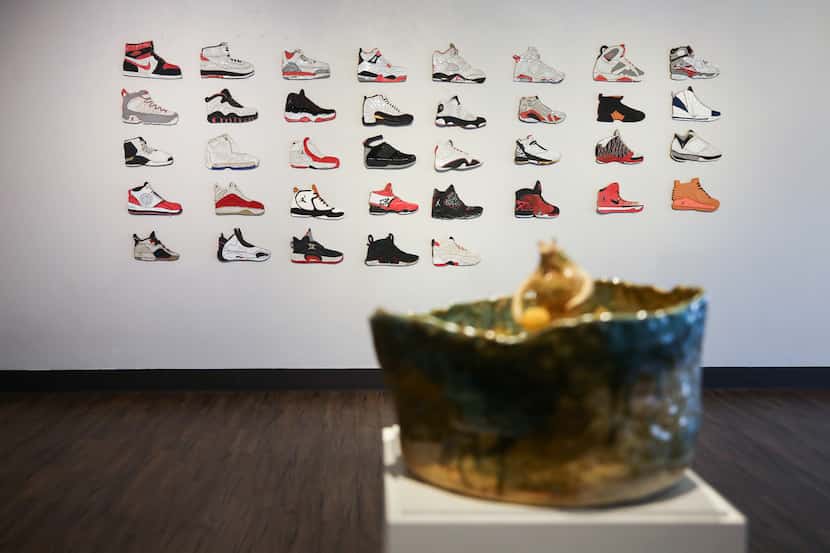 Jordan by Taro Waggoner on the wall with ceramic piece Bailando en El Monte by Mylan Nguyen...