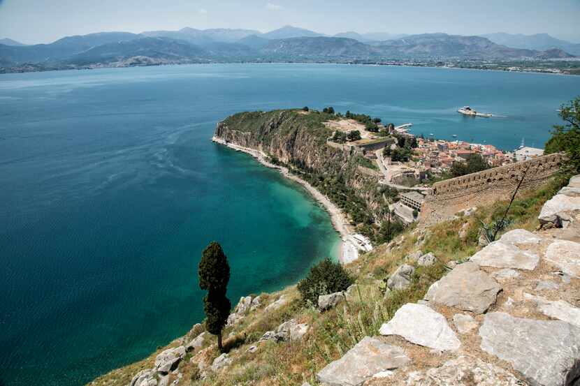 The view from the Palamidi Castle shows Akronafplia Castle in the center of the peninsula...