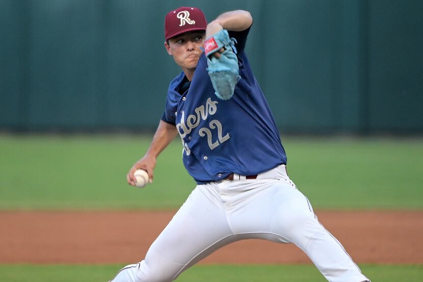 Frisco RoughRiders pitcher Jack Leiter (22) pitches during a minor league baseball game...