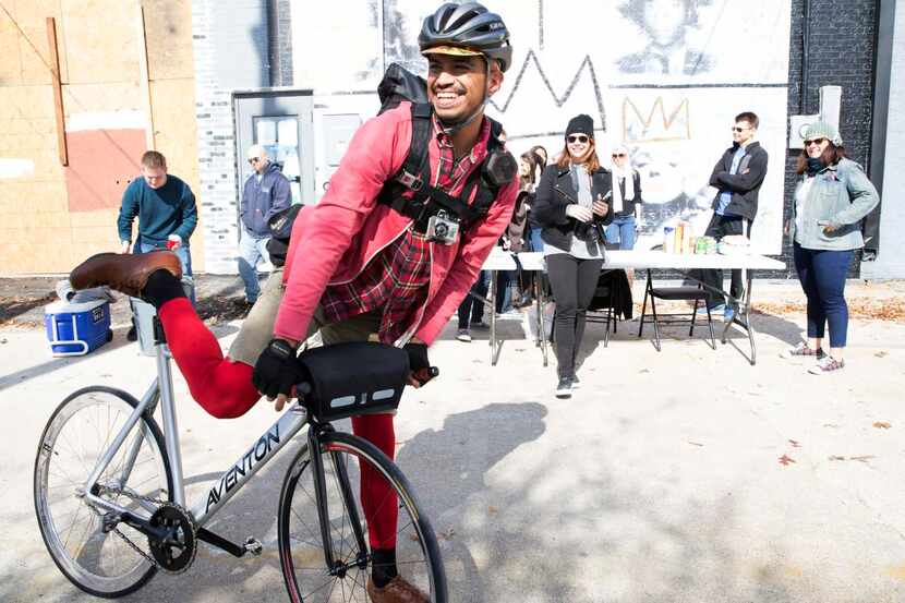 Above: J.R. Belmontes  got off his bike at Local Hub Bicycle Co. in Deep Ellum as he reached...