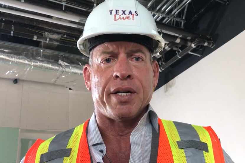 Cowboys Hall of Fame QB Troy Aikman speaks Tuesday, May, 8, 2018 from construction site of...