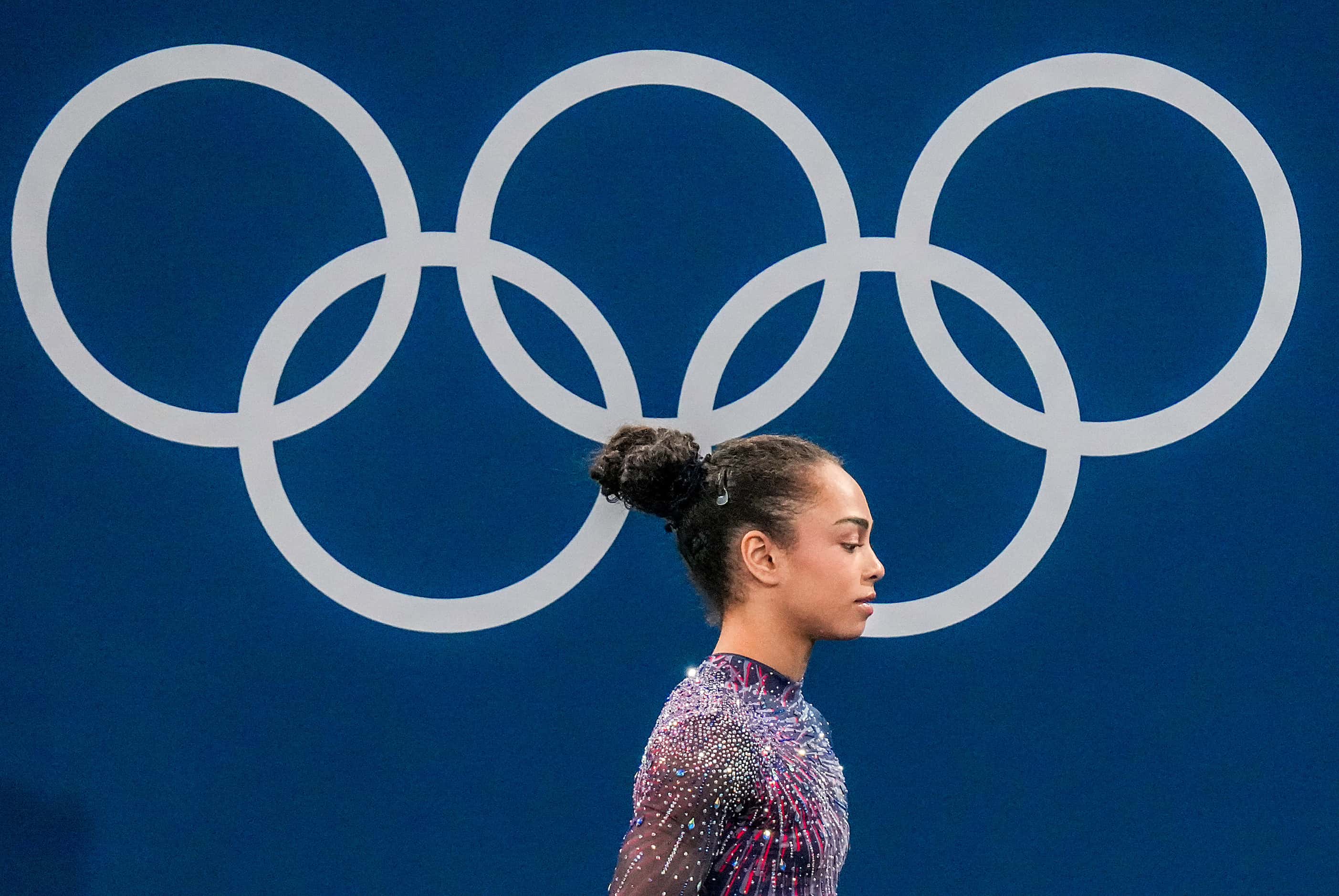 Hezly Rivera of the United States rotates between apparatus during women’s gymnastics podium...