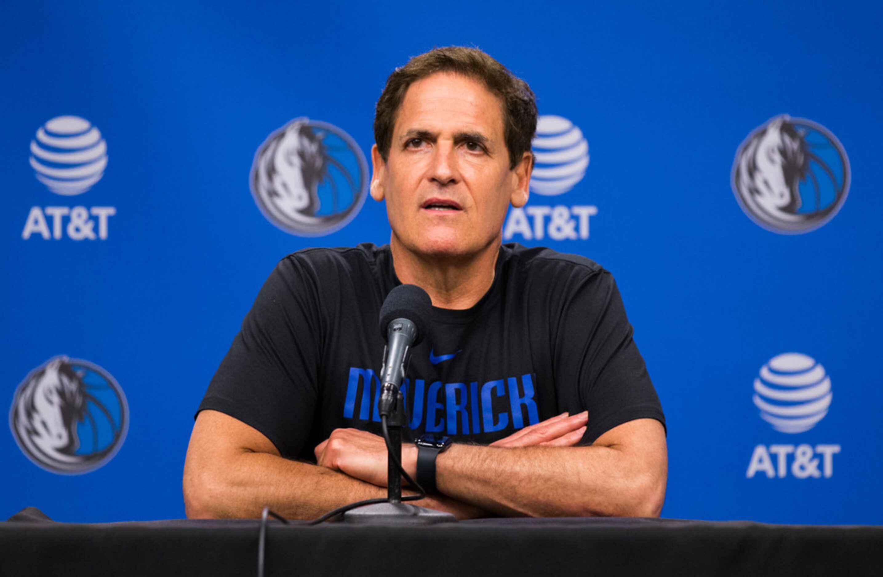 Dallas Mavericks owner Mark Cuban speaks to reporters after the Dallas Mavericks beat the...