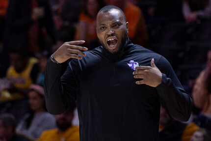 Tarleton State assistant coach Joseph Jones reacts to a call during the first half of the...