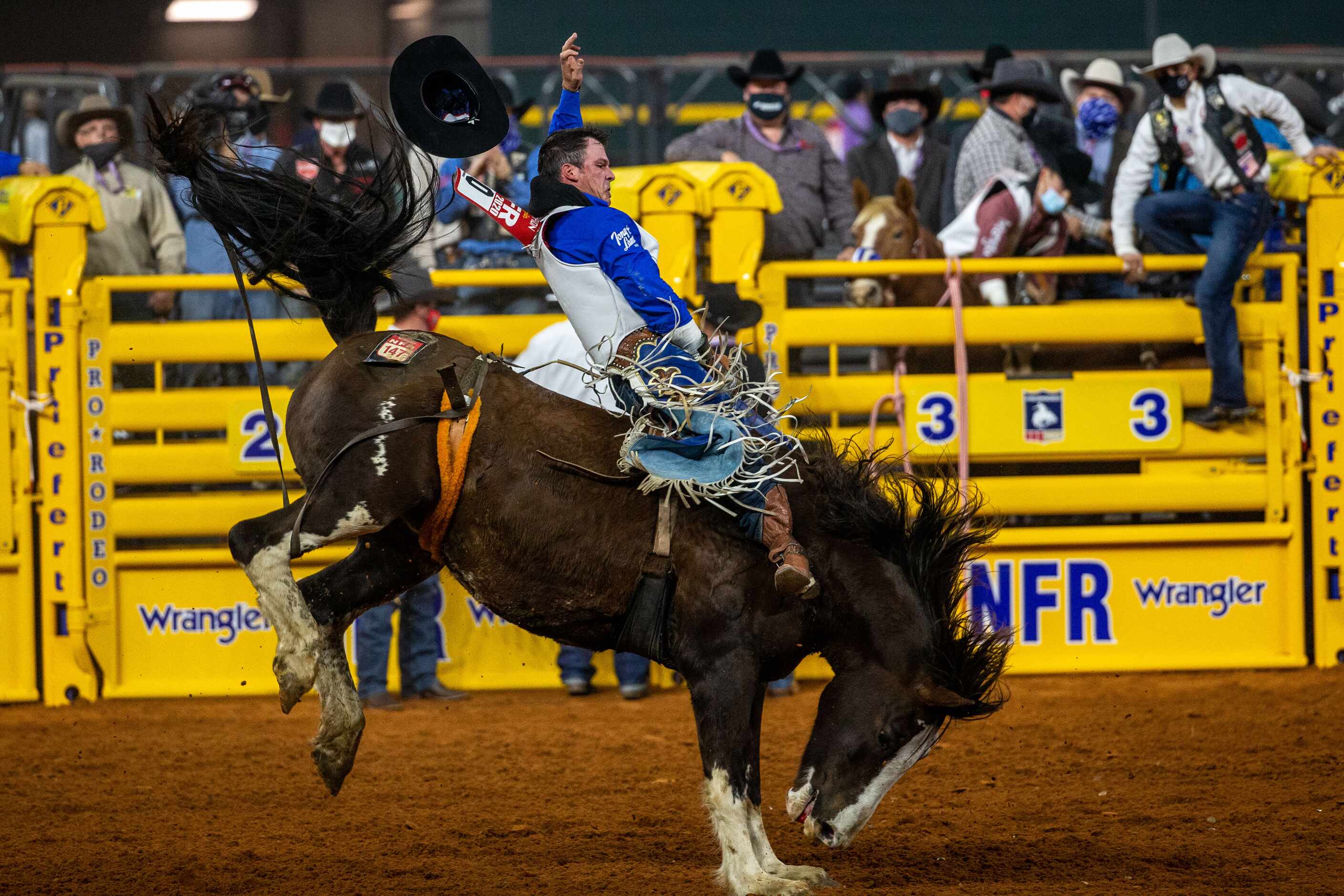 PRCA first round bareback winner Richmond Champion competes during the opening night of the...