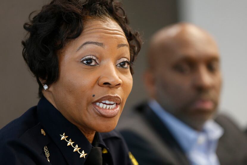 Dallas Police Chief U. Renee Hall answers questions next to Dallas City Manager T.C....