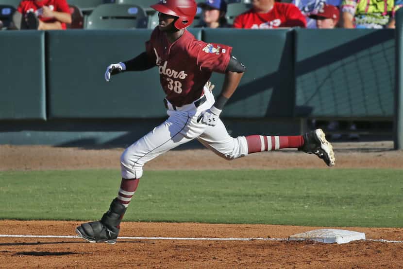 Outfielder Lewis Brinson is pictured during the Frisco RoughRiders game against the San...