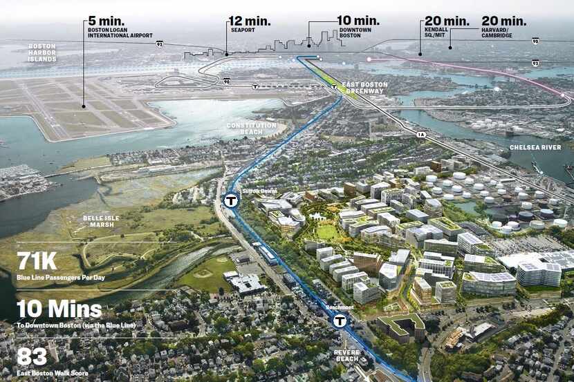 A rendering of the potential Amazon headquarters in Boston shows the drive time to downtown,...
