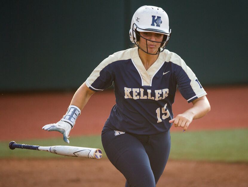 Keller's Tessa Galipeau (15) runs to first base during the second inning of a UIL Class 6A...