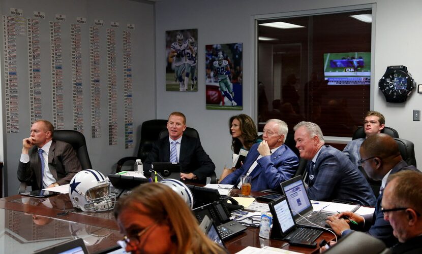 Dallas Cowboys Head Coach Jason Garrett, Owner Jerry Jones and Executive Vice President/COO...