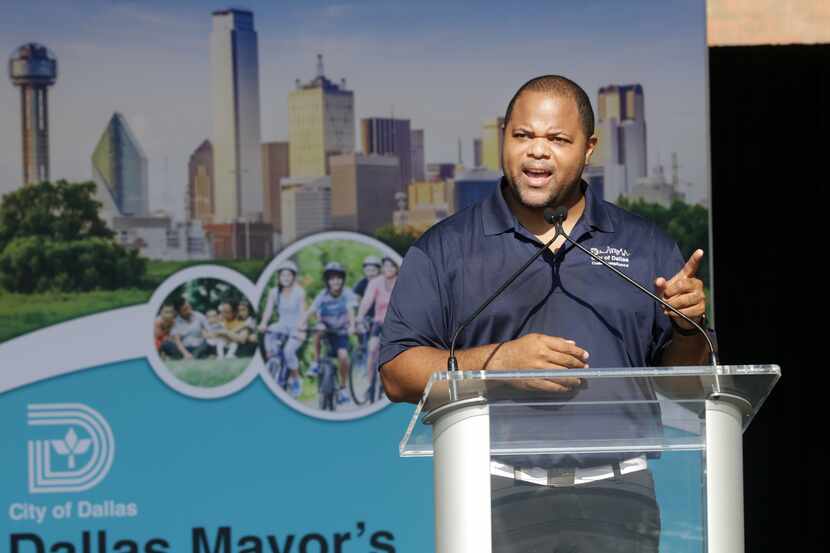 Mayor Eric Johnson speaks during the Summer of Safety celebration at the UNT Dallas campus...