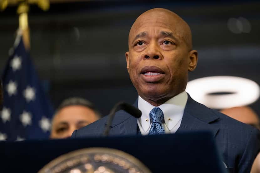 Mayor Eric Adams speaks during a news conference at the New York City Emergency Management...