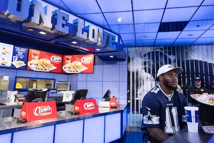 Cowboys linebacker Micah Parsons shoots promotional content for Cane's at a Cane's in...