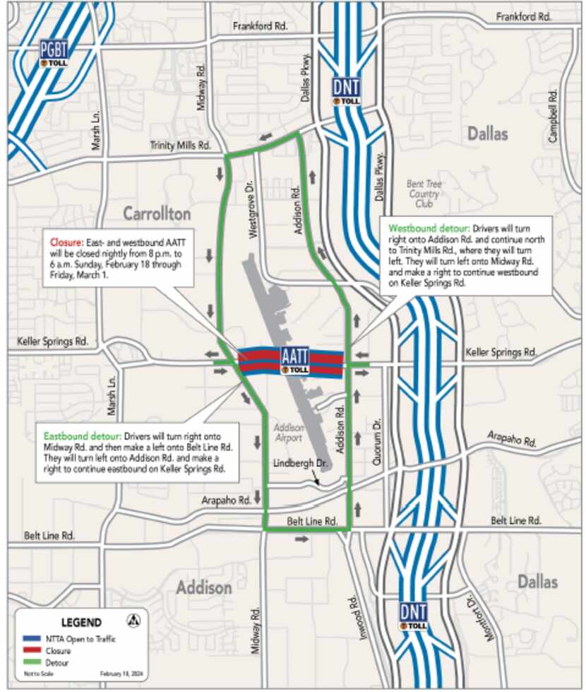 The Addison Airport Toll Tunnel will close nightly for tunnel upgrades through March 1.