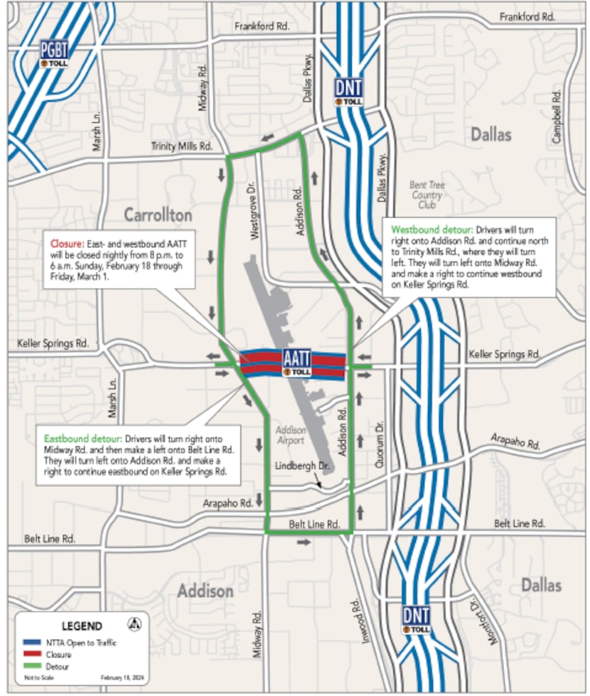 The Addison Airport Toll Tunnel will close nightly for tunnel upgrades through March 1.