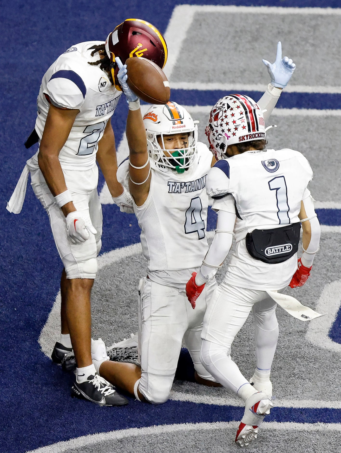 Ta’ Tanka receiver Dillian Williams of Porterville High (CA) celebrates a two-point...