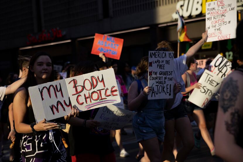 Protesters march for abortion rights a week after the Supreme Court overturned Roe v. Wade...