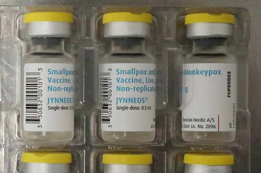 Vials of single doses of the Jynneos vaccine for monkeypox are seen in the vaccine hub at...