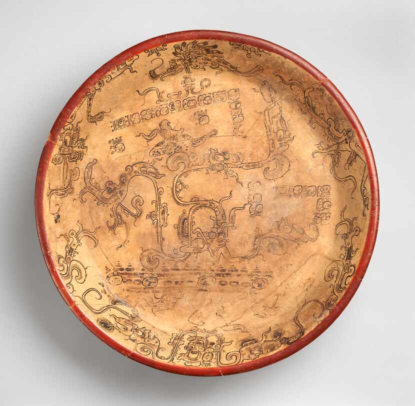 Tripod Plate, Mythological Scene, from seventh-eighth century Guatemala or Mexico.