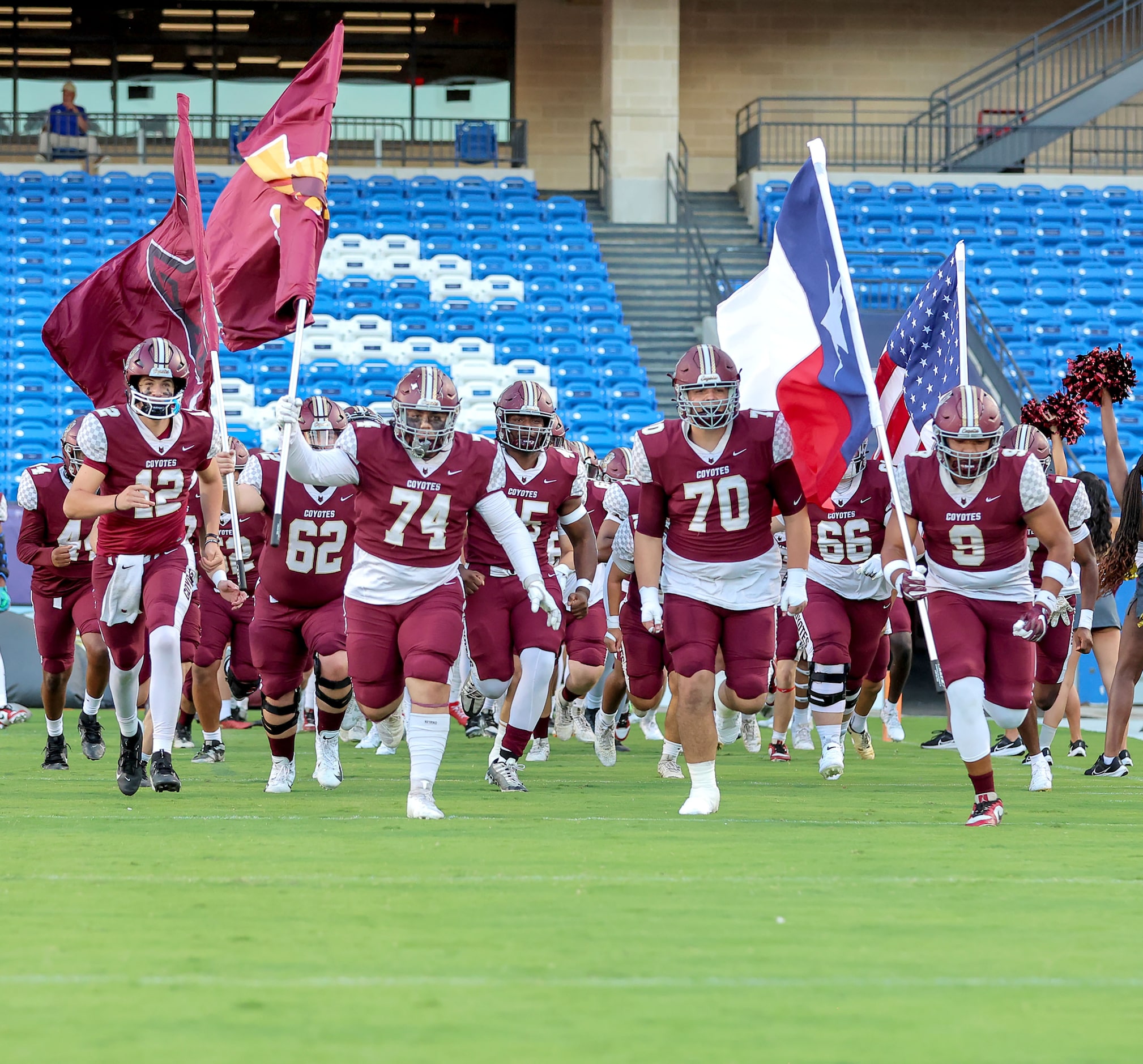 The Frisco Heritage Coyotes enter the field to face Frisco in a District 5-5A Division I...