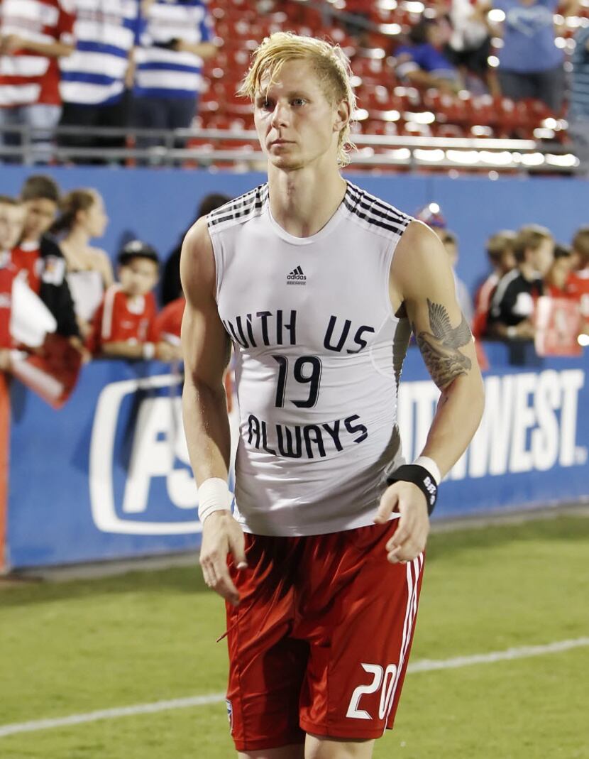 FRISCO, TX - OCTOBER 15: Brek Shea #20 of the FC Dallas honors former player and broadcaster...