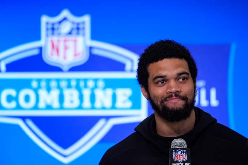 Southern California quarterback Caleb Williams speaks during a press conference at the NFL...