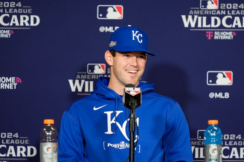 Kansas City Royals starting pitcher Cole Ragans speaks to press before a baseball workout a...