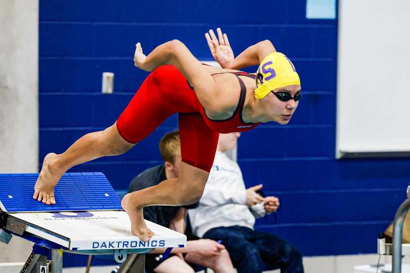 Maddie McAlister from Denton competes on Girls 100 yard Freestyle during the Region 2-5A...