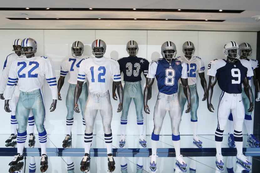 All the uniforms of the Dallas Cowboys players at the Dallas Cowboys new headquarters at The...