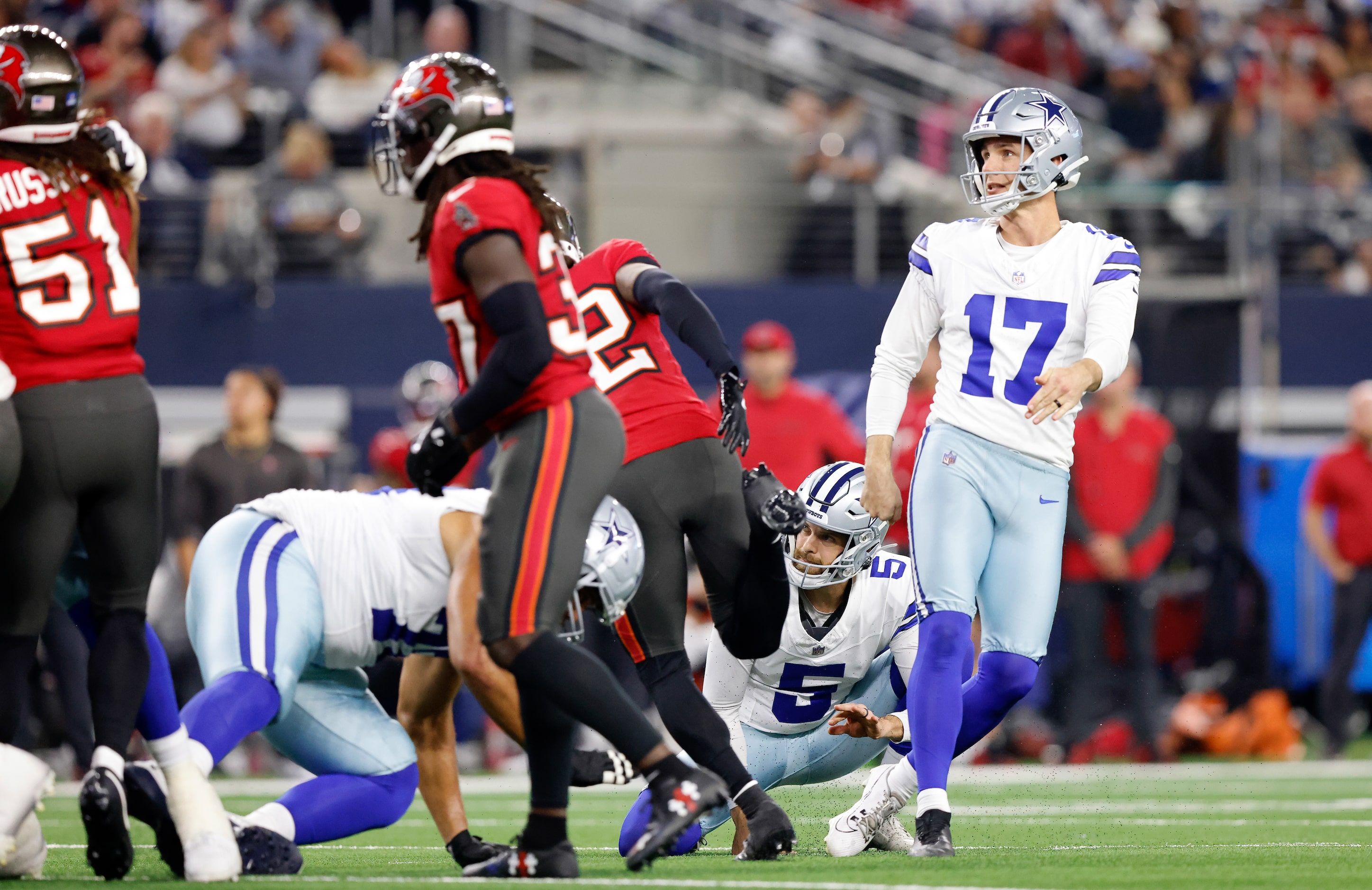 Dallas Cowboys place kicker Brandon Aubrey (17) watches his second quarter field goal...